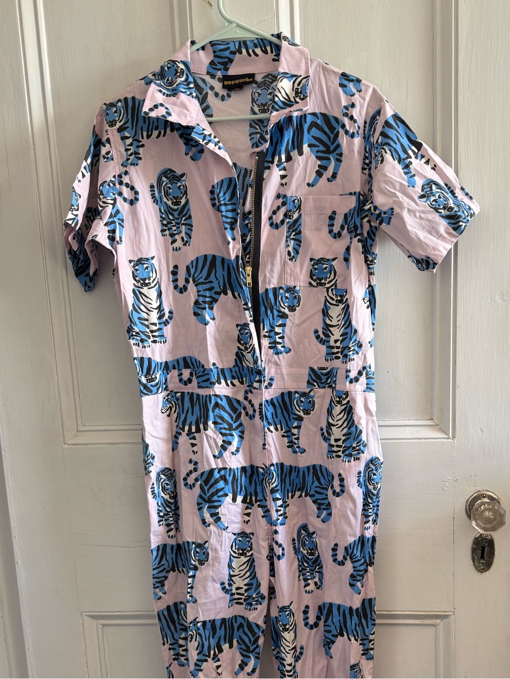 Nooworks Pink Jumpsuit Pajama Set with Blue Tiger Print